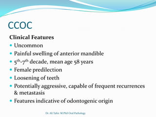 CCOC
Clinical Features
 Uncommon
 Painful swelling of anterior mandible
 5th-7th decade, mean age 58 years
 Female predilection
 Loosening of teeth
 Potentially aggressive, capable of frequent recurrences
  & metastasis
 Features indicative of odontogenic origin

               Dr. Ali Tahir. M.Phil Oral Pathology
 