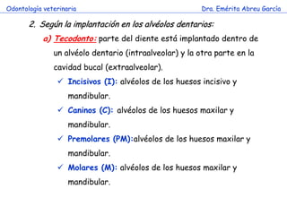 Odontología veterinaria                                  Dra. Emérita Abreu García

       2. Según la implantación en los alvéolos dentarios:
            a) Tecodonto: parte del diente está implantado dentro de
               un alvéolo dentario (intraalveolar) y la otra parte en la
               cavidad bucal (extraalveolar).
                 Incisivos (I): alvéolos de los huesos incisivo y
                    mandibular.
                 Caninos (C): alvéolos de los huesos maxilar y
                    mandibular.
                 Premolares (PM):alvéolos de los huesos maxilar y
                    mandibular.
                 Molares (M): alvéolos de los huesos maxilar y
                    mandibular.
 