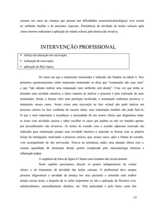 comuns em casos de crianças que passam por dificuldades emocionais/psicológicas e/ou sociais
no ambiente familiar e de pacientes especiais. Persistência da atividade de lesões oclusais após
vários retornos indicariam a aplicação de selante oclusal, pela técnica não invasiva.




                 INTERVENÇÃO PROFISSIONAL
• reforço da educação em escovação;
• realização de escovação;
• aplicação de flúor tópico.


                Os casos em que o tratamento restaurador é indicado são listados na tabela 6. Nos
primeiros questionamentos sobre tratamento restaurador se dizia que “restauração não cura cárie”
e que “não adianta realizar uma restauração num ambiente oral doente”. Uma vez que tenha se
formado uma cavidade retentiva, a única maneira de inativar o processo é pela realização de uma
restauração. Sendo a doença cárie uma patologia localizada, a restauração realmente promove o
tratamento nesses casos. Assim como uma escovação na face oclusal não pode inativar um
processo carioso na face vestibular do mesmo dente, uma restauração também não pode fazê-lo.
O que é mais importante é reconhecer a necessidade de um exame clínico que diagnostica todas
as áreas com atividade cariosa e saber escolher os casos que podem ou não ser tratados apenas
por procedimentos não invasivos. As lesões de esmalte com o esmalte adjacente socavado são
indicadas para restauração porque uma cavidade retentiva é esperada se formar com as próprias
forças da mastigação, reativando o processo carioso, que, nesses casos, após a fratura do esmalte,
vem acompanhado de dor provocada. Tem-se na eminência, então, uma situação clínica com a
mesma quantidade de destruição dental, porém complicada pela sintomatologia dolorosa e
inflamação pulpar.
                A seqüência de fotos da figura 41 ilustra casos tratados não invasivamente.
                Neste capítulo procuramos discutir os pontos indispensáveis do exame
clínico e do tratamento da atividade das lesões cariosas. O profissional deve sempre
procurar diagnosticar a atividade da doença nos seus pacientes e estimular uma melhor
atrição nessas áreas, a despeito de se achar importante ou não a aplicação de fluoretos e/ou
antimicrobianos, aconselhamento dietético, etc. Pela praticidade e pelo baixo custo dos


                                                                                              55
 