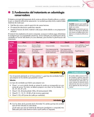 127
7Instrumental, materiales y procedimientos clínicos en odontología conservadora
2.	Fundamentos del tratamiento en odontología
conservadora
El objetivo principal del tratamiento de la caries es eliminar el tejido enfermo y sustituir-
lo por un material artificial de restauración. La cavidad que aloja dicho material debe
diseñarse de modo que:
•	 Esté libre de caries y evite la aparición de nuevas lesiones.
•	 El material de obturación quede bien retenido.
•	 Impida la fractura de dicho material o del propio diente debido a una preparación
excesiva.
El material más empleado es la resina compuesta, aunque en molares sigue utilizándose
la amalgama por sus propiedades mecánicas. Se ha realizado una clasificación de las
cavidades en función del diente y la cara afectada, para facilitar la planificación del
tratamiento.
Cavidad Clase I Clase II Clase III Clase IV Clase V
Tipo de
caries
Surcos y fisuras.
Surcos y fisuras.
Interproximales.
Interproximales. Interproximales.
Cara vestibular o lingual
de cualquier diente
Lugar
Cara oclusal 	
de molares 	
y premolares.
Cara interproximal
de molares 	
y premolares.
Cara interproximal de
incisivos y caninos, con
borde incisal sano.
Cara interproximal 	
de incisivos y caninos,
borde incisal afectado.
Superficies lisas.
Caries en
las que se
realiza
Con el paciente planteado en el Caso práctico 1, ¿qué tipo de cavidades habría
que preparar en los dientes que presentan caries?
Solución:
Los tipos de cavidades que habría que preparar son:
•	 Clase I: un surco teñido donde se retiene la sonda se corresponde con una
caries de surcos. Por tanto, se debería preparar una clase I en los dientes 16,
35, 37, 45, 47 y 25.
•	 Clase II: 36, 46 (oclusodistal, OD) y 26 (oclusomesial, OM).
•	 Clase III: 11, 12, 21, 22 (M y D de incisivos superiores).
•	 Clase V: 33 y 43 (caries de cuello por vestibular).
Caso práctico 2
Vocabulario
Cavidad: espacio que queda en
el diente tras la eliminación del
tejido con caries.
Obturación: tratamiento que con-
siste en la eliminación del tejido
con caries y el relleno de la cavi-
dad con un material artificial sus-
titutivo.
11.	Con los datos de la paciente de la Actividad 10, señala qué tipo de cavidad
sería el más indicado en cada diente.
¿Cuál crees que sería el material de obturación (amalgama o composite) más
adecuado para cada diente en dicho caso? Justifica tu respuesta.
Actividades
Tu trabajo en la clínica
El auxiliar debe conocer el tipo
de cavidad a realizar, pues esto
le permite planificar el material e
instrumental más adecuado, así
como calcular la duración de la
intervención de cara al control
de la agenda de citas de los pa-
cientes.
 