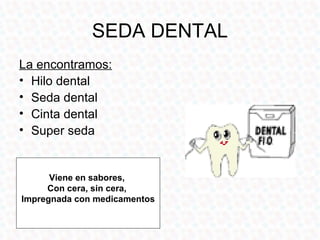 SEDA DENTAL
La encontramos:
• Hilo dental
• Seda dental
• Cinta dental
• Super seda


      Viene en sabores,
     Con cera, sin cera,
Impregnada con medicamentos
 