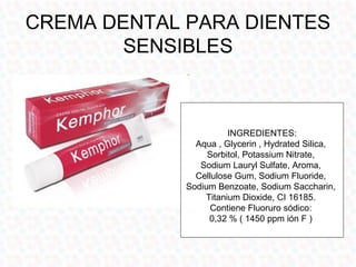 CREMA DENTAL PARA DIENTES
        SENSIBLES



                       INGREDIENTES:
               Aqua , Glycerin , Hydrated Silica,
                  Sorbitol, Potassium Nitrate,
                Sodium Lauryl Sulfate, Aroma,
               Cellulose Gum, Sodium Fluoride,
             Sodium Benzoate, Sodium Saccharin,
                 Titanium Dioxide, CI 16185.
                   Contiene Fluoruro sódico:
                  0,32 % ( 1450 ppm ión F )
 