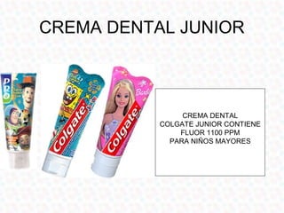 CREMA DENTAL JUNIOR



                CREMA DENTAL
           COLGATE JUNIOR CONTIENE
               FLUOR 1100 PPM
             PARA NIÑOS MAYORES
 