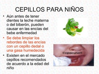 CEPILLOS PARA NIÑOS
• Aún antes de tener
  dientes la leche materna
  o del biberón, pueden
  causar en las encías del
  bebe enfermedad
• Se debe limpiar los
  rebordes de las encías
  con un cepillo dedal o
  una gasa humedecida
• Existen en el mercado
  cepillos recomendados
  de acuerdo a la edad del
  niño
 