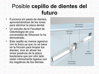 Posible cepillo de dientes del
               futuro
• Funciona sin pasta de dientes,
  aprovechándose de los iones
  para eliminar la placa dental.
• Un estudio de la Facultad de
  Odontología de una
  universidad de Wisonsin lo ha
  demostrado.
• Este cepillo es menos agresivo
  con la boca ya que no se basa
  en la fricción para limpiar los
  dientes, sino en atraer los
  iones positivos de la placa
  bacteriana que por otro lado
  están íntimamente ligados con
  los negativos de los dientes.
 