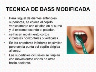 TECNICA DE BASS MODIFICADA
•    Para lingual de dientes anteriores
     superiores, se coloca el cepillo
     verticalmente con el talón en el surco
     y el extremo tocando el paladar,
•    se hacen movimiento cortos
     circulares horizontales o verticales.
•    En los anteriores inferiores es similar
     pero con la punta del cepillo dirigida
     al surco.
•    Las superficies oclusales se limpian
     con movimientos cortos de atrás
     hacia adelante.
 
