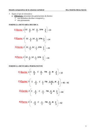 Estudio comparativo de la columna vertebral                                           Dra. Emérita Abreu García

5. Según el tipo de dentadura:
   a) Difiodonto: presentan dos generaciones de dientes:
       una dentadura decidua o temporal y,
       otra permanente.

FORMULA DENTARIA DECIDUA

      1) Bovino: 2 DI 0 DC 0 DPM 3 = 20
                          3              1                   3



      2) Equino: 2 DI 3 DC 0 DPM 3
                                                                  = 24
                             3           0               3


       3) Cerdo: 2 DI 3 DC 1 DPM 3                               = 28
                          3          1                   3



       4) Perro: 2 DI 3 DC 1 DPM 3                               = 28
                         3           1                   3



FORMULA DENTARIA PERMANENTE


           1) Bovino: 2 I 0              C           0       PM     3 M   3
                                                                              = 32
                                 3                   1              3     3



           2) Equino: 2 I            3           C       1 PM 3 (4) M 3
                                                                                = 40 - 42
                                     3                   1      3     3


            3) Cerdo: 2 I            3           C       1       PM 4 M 3
                                                                               = 44
                                     3                   1          4   3



            4) Perro: 2 I        3           C       1       PM 4 M 2
                                                                              = 42
                                 3                   1          4   3




                                                                                                             5
 