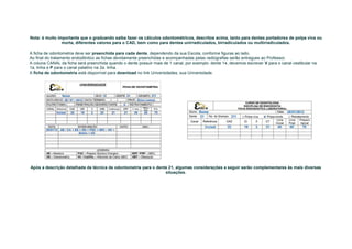 Nota: é muito importante que o graduando saiba fazer os cálculos odontométricos, descritos acima, tanto para dentes portadores de polpa viva ou
                morta, diferentes valores para o CAD, bem como para dentes unirradiculados, birradiculados ou multirradiculados.

A ficha de odontometria deve ser preenchida para cada dente, dependendo da sua Escola, conforme figuras ao lado.
Ao final do tratamento endodôntico as fichas devidamente preenchidas e acompanhadas pelas radiografias serão entregues ao Professor.
A coluna CANAL da ficha será preenchida quando o dente possuir mais de 1 canal, por exemplo: dente 14, devemos escrever V para o canal vestibular na
1a, linha e P para o canal palatino na 2a. linha.
A ficha de odontometria está disponível para download no link Universidades, sua Universidade.




Após a descrição detalhada da técnica de odontometria para o dente 21, algumas considerações a seguir serão complementares às mais diversas
                                                                 situações.
 