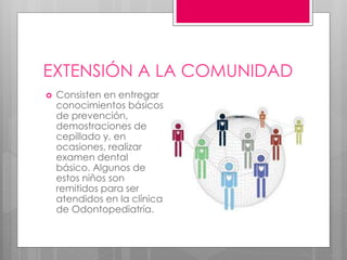 EXTENSIÓN A LA COMUNIDAD
 Consisten en entregar
conocimientos básicos
de prevención,
demostraciones de
cepillado y, en
ocasiones, realizar
examen dental
básico. Algunos de
estos niños son
remitidos para ser
atendidos en la clínica
de Odontopediatría.
 