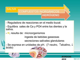 SALIVA
COMPUESTOS INORGÁNICOS
HIDRÓGENO
- Reguladora de reacciones en el medio bucal.
- Equilibra sales de Ca y PO4 entre los dientes y la
saliva.
- , resulta de: microorganismos
ingesta de bebidas gaseosas
secreciones salivales glandulares
- Se expresa en unidades de pH. (7 neutro, alcalino, 
ácido)
BORDONI.
2010
 