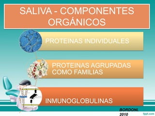PROTEINAS INDIVIDUALES
PROTEINAS AGRUPADAS
COMO FAMILIAS
INMUNOGLOBULINAS
SALIVA - COMPONENTES
ORGÁNICOS
BORDONI.
2010
 