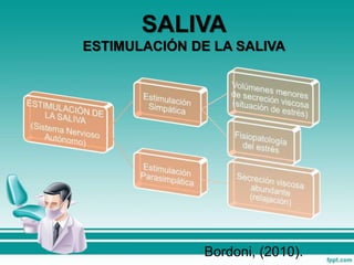 SALIVA
ESTIMULACIÓN DE LA SALIVA
Bordoni, (2010).
 