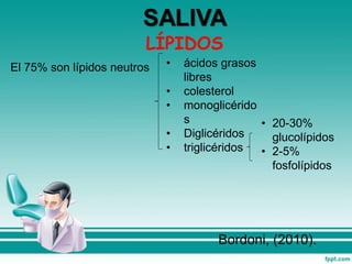 El 75% son lípidos neutros • ácidos grasos
libres
• colesterol
• monoglicérido
s
• Diglicéridos
• triglicéridos
• 20-30%
glucolípidos
• 2-5%
fosfolípidos
Bordoni, (2010).
 