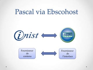 Pascal via Ebscohost




 Fournisseur   Fournisseur
     de              de
   contenu      l’interface
 