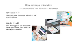 Odoo est souple et évolutive
ça va fonctionner pour vous. Maintenant et pour toujours.
Personnalisez-le
Odoo peut être facilement adaptés à vos
besoins uniques.
Logiciel évolutif
2000 développeurs font de Odoo le
logiciel d'entreprise Open source le
plus rapide en évolution
NouriPH
 