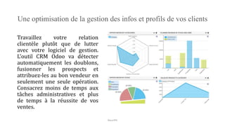 Une optimisation de la gestion des infos et profils de vos clients
Travaillez votre relation
clientèle plutôt que de lutter
avec votre logiciel de gestion.
L'outil CRM Odoo va détecter
automatiquement les doublons,
fusionner les prospects et
attribuez-les au bon vendeur en
seulement une seule opération.
Consacrez moins de temps aux
tâches administratives et plus
de temps à la réussite de vos
ventes.
NouriPH
 