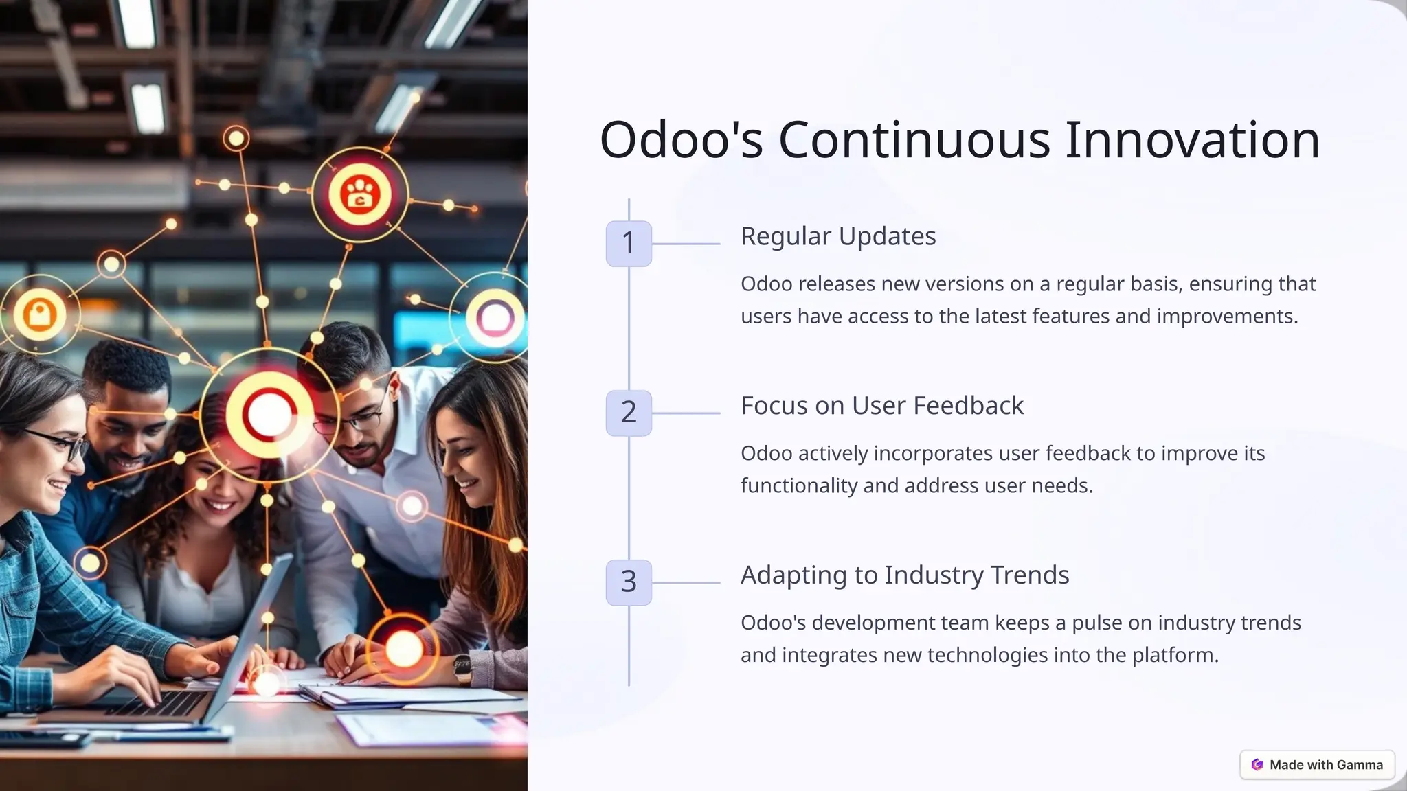 Odoo's Continuous Innovation
1 Regular Updates
Odoo releases new versions on a regular basis, ensuring that
users have access to the latest features and improvements.
2 Focus on User Feedback
Odoo actively incorporates user feedback to improve its
functionality and address user needs.
3 Adapting to Industry Trends
Odoo's development team keeps a pulse on industry trends
and integrates new technologies into the platform.
 