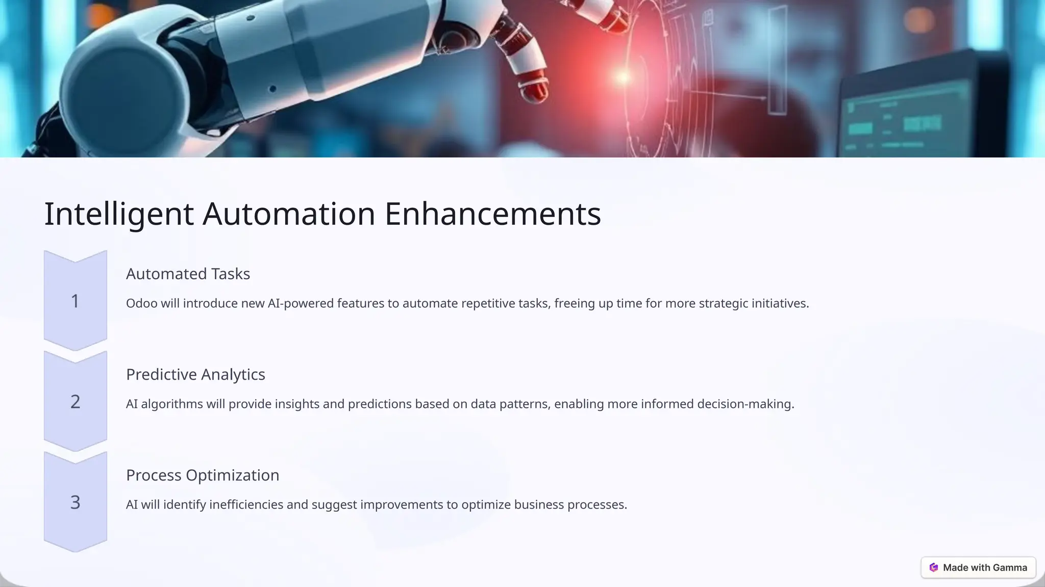 Intelligent Automation Enhancements
Automated Tasks
Odoo will introduce new AI-powered features to automate repetitive tasks, freeing up time for more strategic initiatives.
Predictive Analytics
AI algorithms will provide insights and predictions based on data patterns, enabling more informed decision-making.
Process Optimization
AI will identify inefficiencies and suggest improvements to optimize business processes.
 