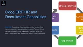 Odoo ERP HR and
Recruitment Capabilities
Odoo ERP offers a comprehensive suite of modules for streamlining
human resources and talent acquisition processes. From recruitment
management to performance appraisal and employee self-service,
Odoo's functionalities cater to the diverse needs of modern businesses.
 