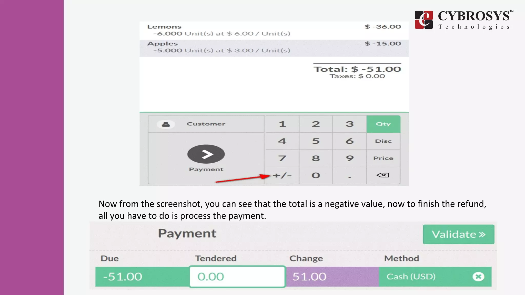 Now from the screenshot, you can see that the total is a negative value, now to finish the refund,
all you have to do is process the payment.
 