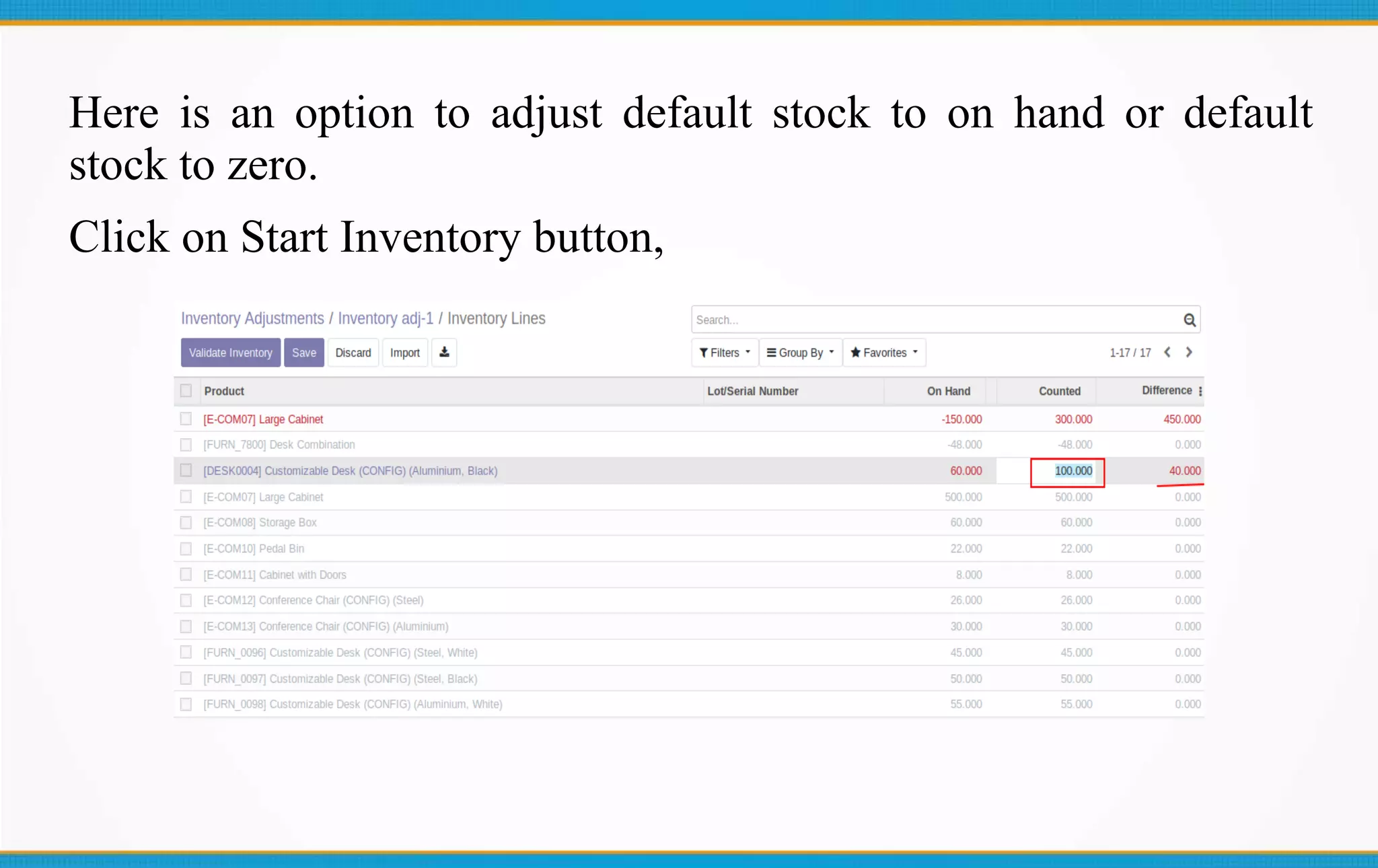 Here is an option to adjust default stock to on hand or default
stock to zero.
Click on Start Inventory button,
 