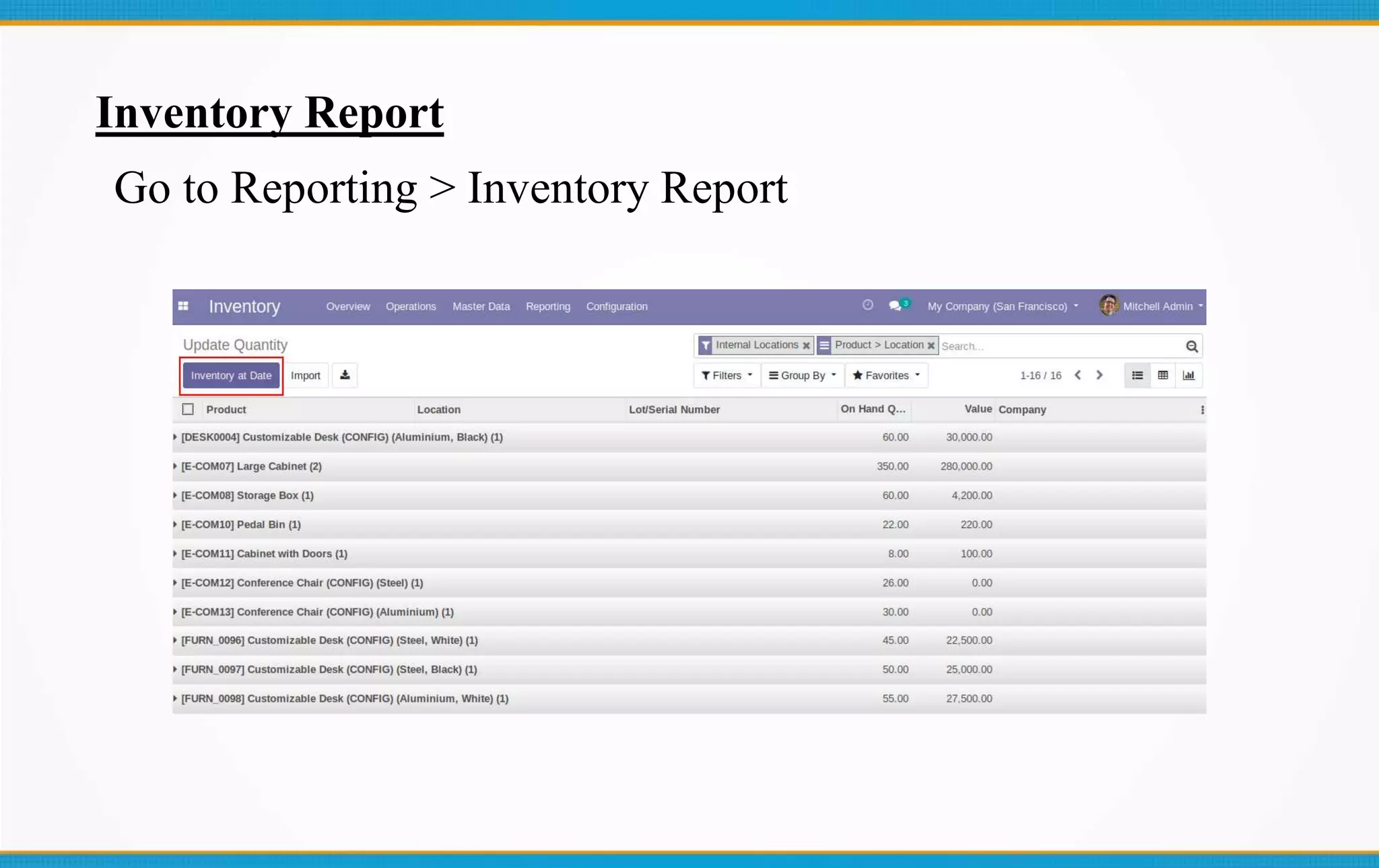 Inventory Report
Go to Reporting > Inventory Report
 