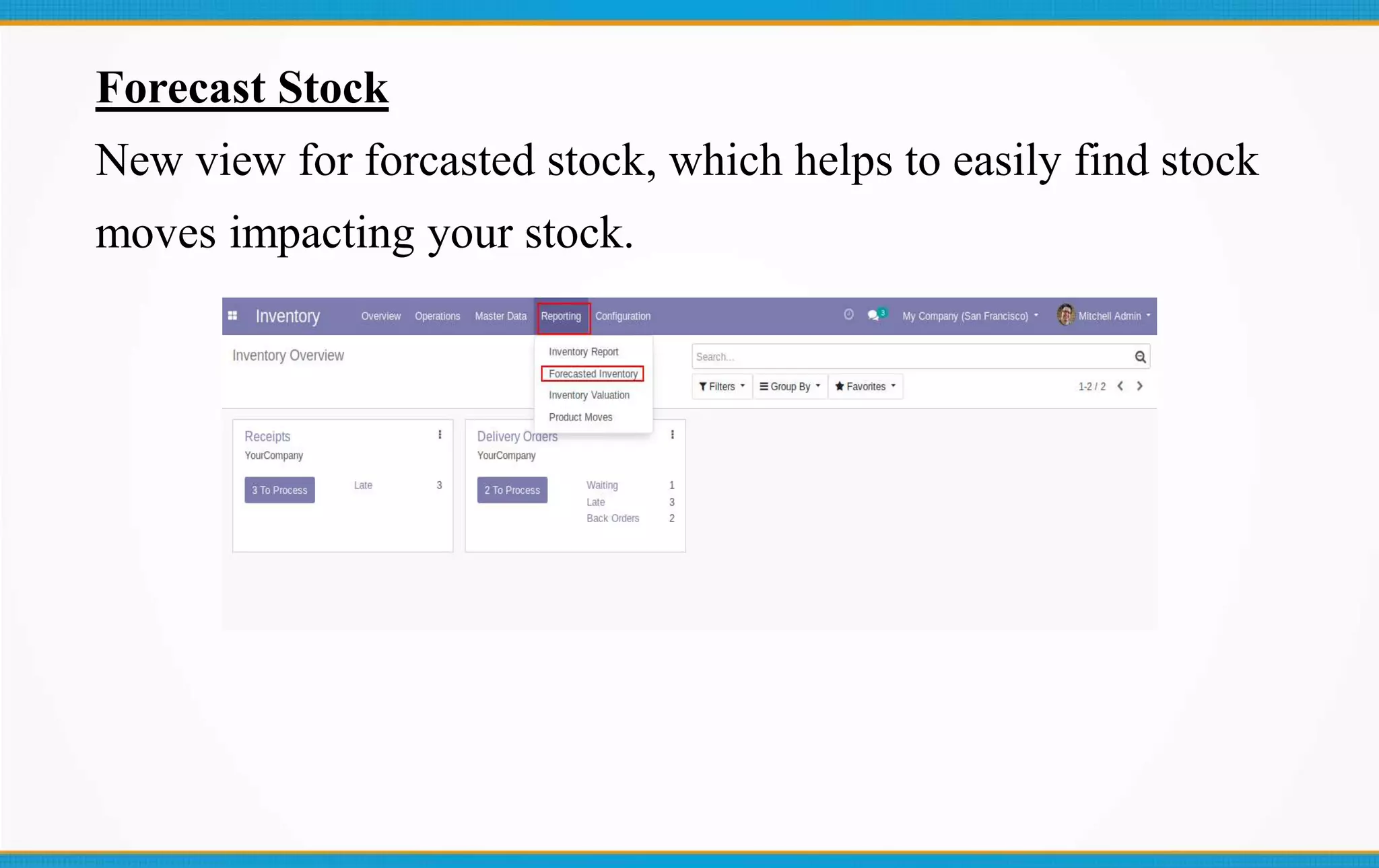 Forecast Stock
New view for forcasted stock, which helps to easily find stock
moves impacting your stock.
 