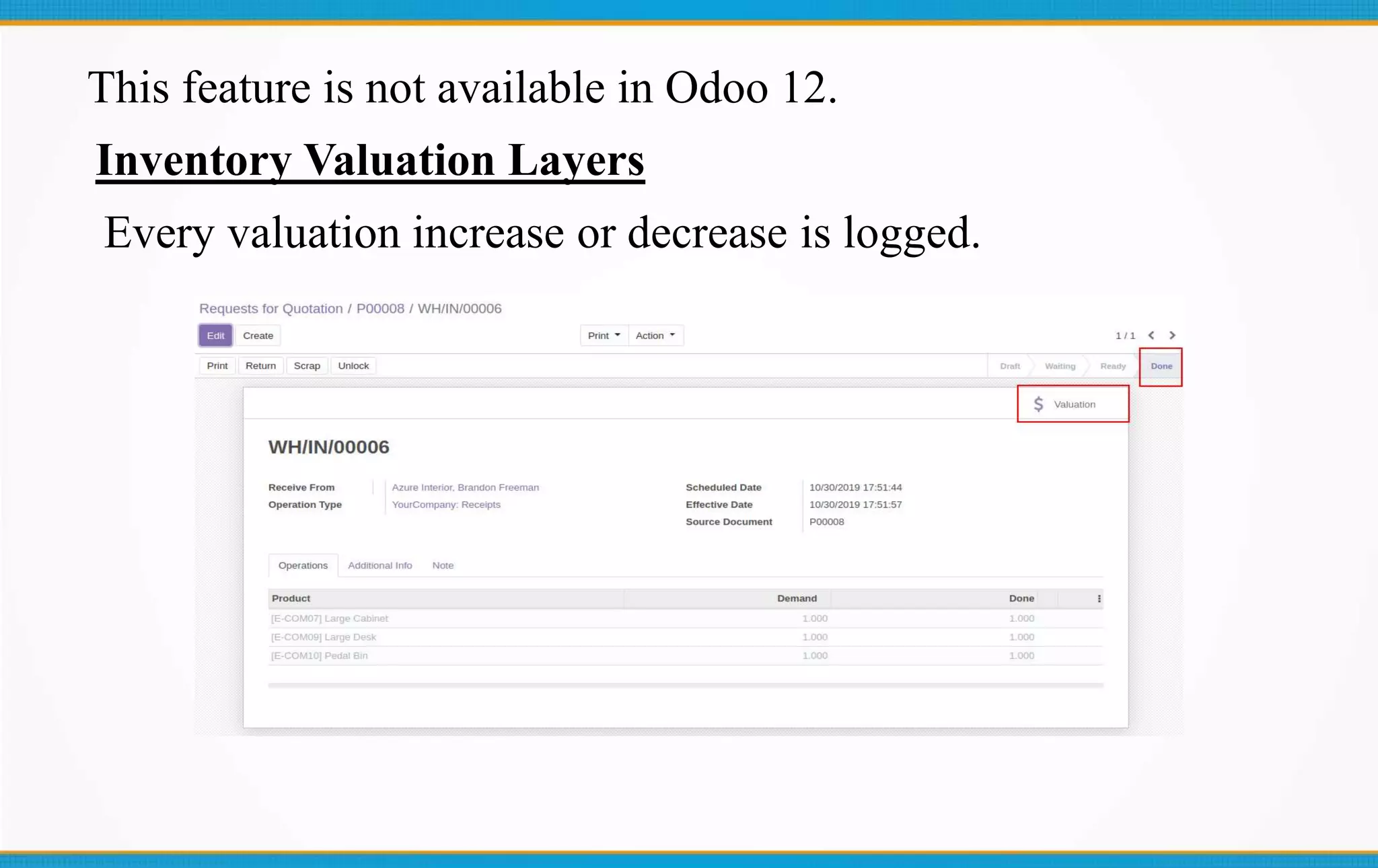 This feature is not available in Odoo 12.
Inventory Valuation Layers
Every valuation increase or decrease is logged.
 