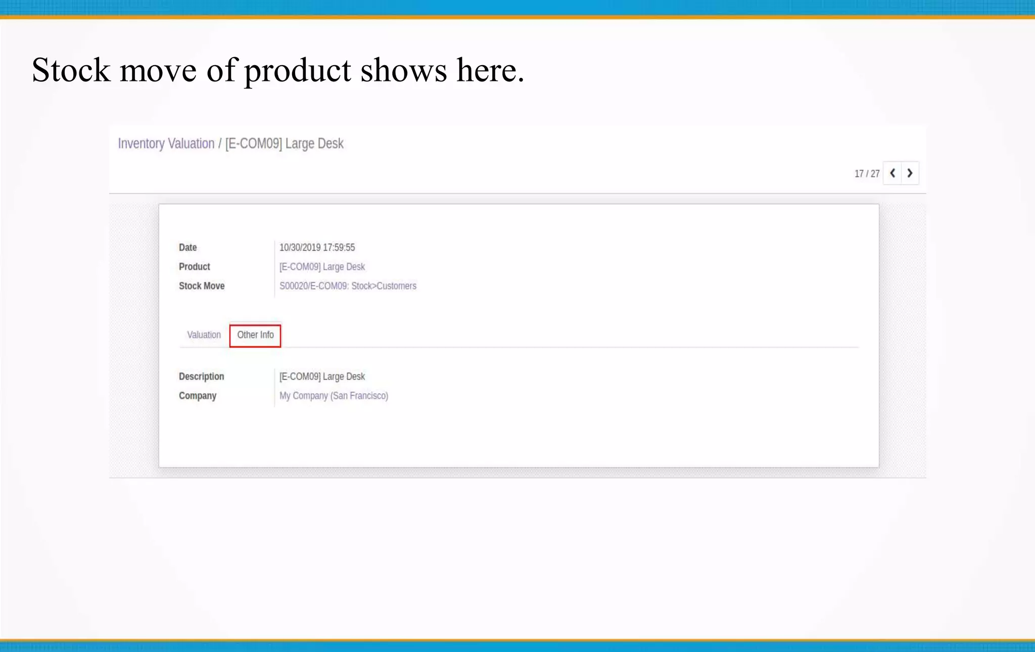Stock move of product shows here.
 