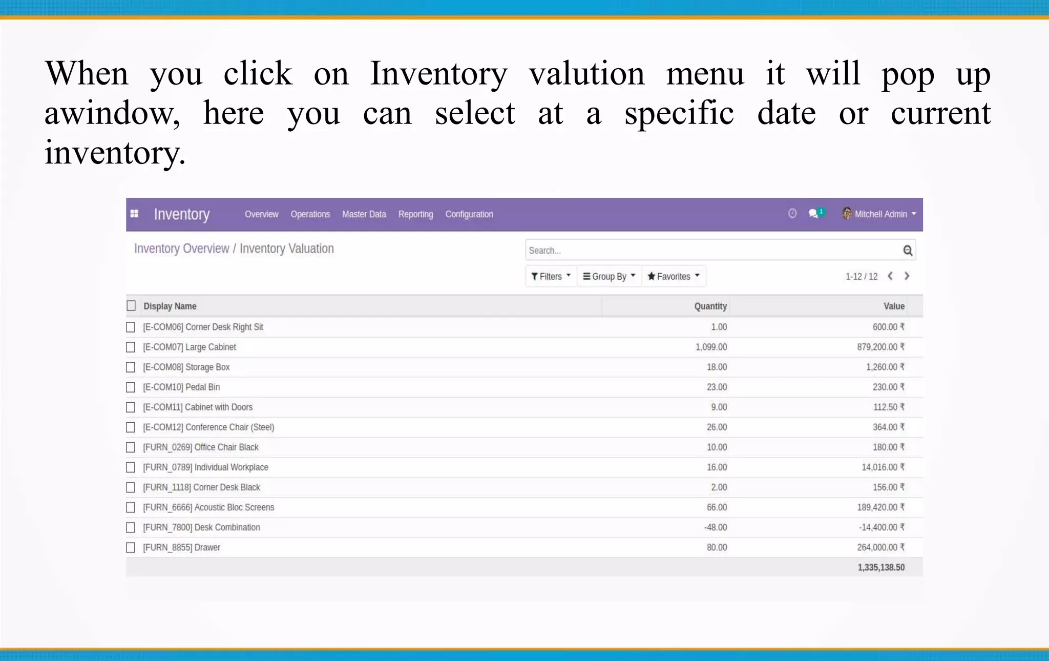 When you click on Inventory valution menu it will pop up
awindow, here you can select at a specific date or current
inventory.
 