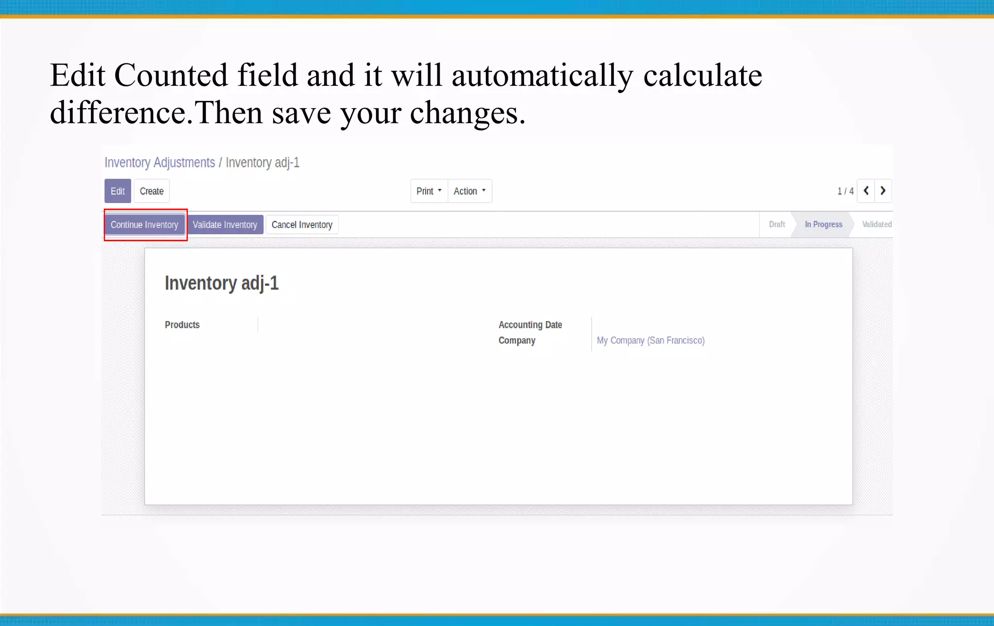 Edit Counted field and it will automatically calculate
difference.Then save your changes.
 