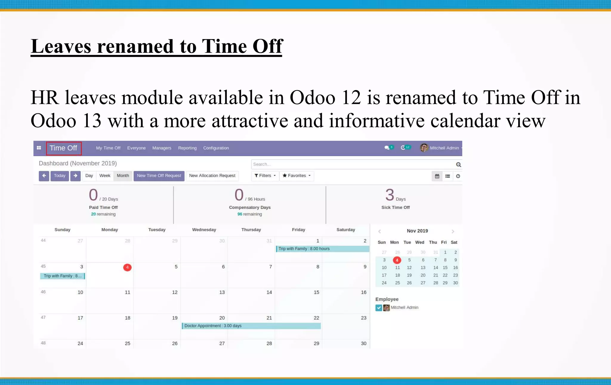 Leaves renamed to Time Off
HR leaves module available in Odoo 12 is renamed to Time Off in
Odoo 13 with a more attractive and informative calendar view
 
