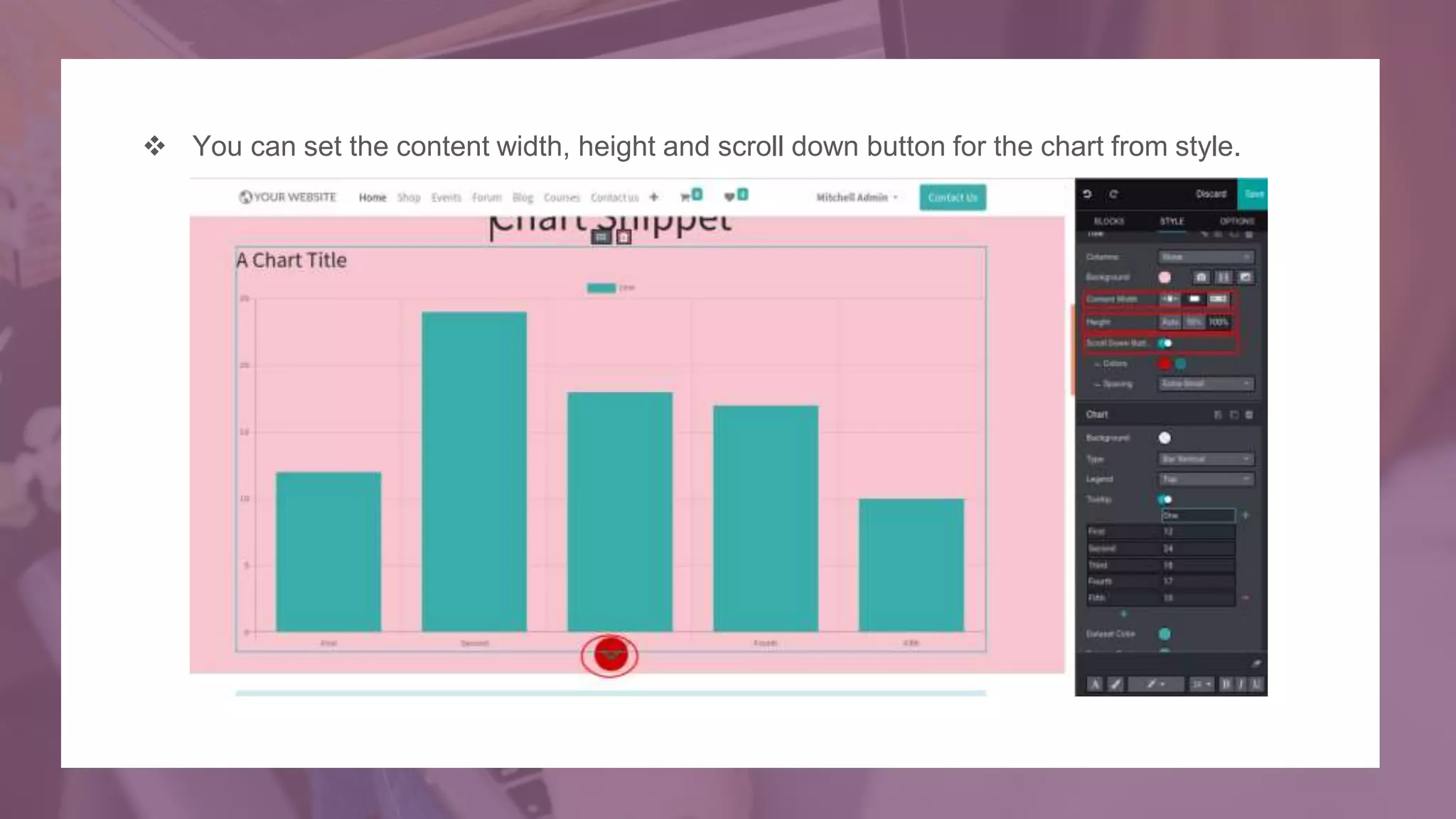  You can set the content width, height and scroll down button for the chart from style.
 