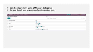 ❖ Goto Configuration > Units of Measure Categories
❖ Set as a default uom for purchase from the product form
 