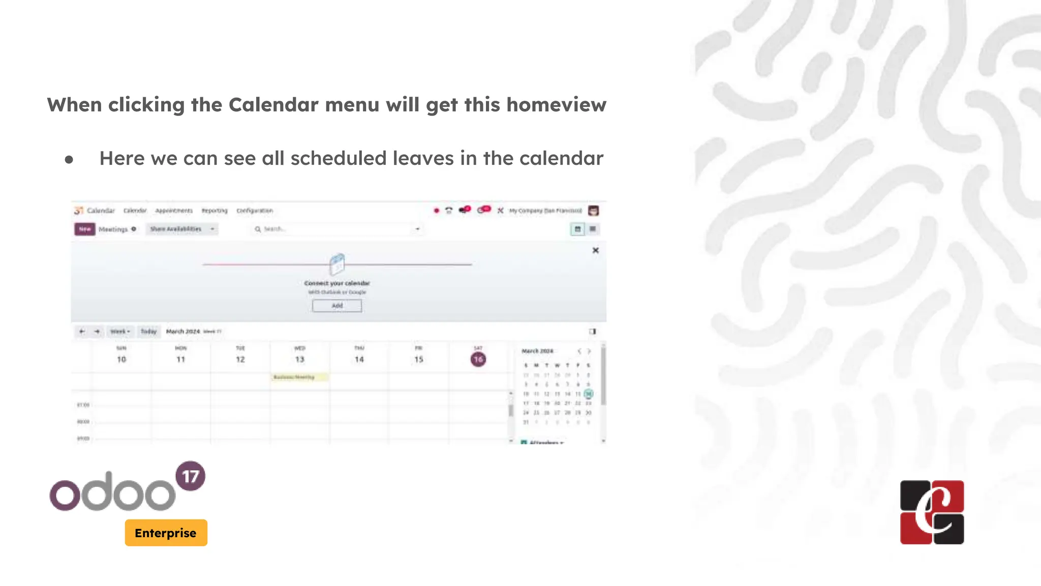 Enterprise
When clicking the Calendar menu will get this homeview
● Here we can see all scheduled leaves in the calendar
 