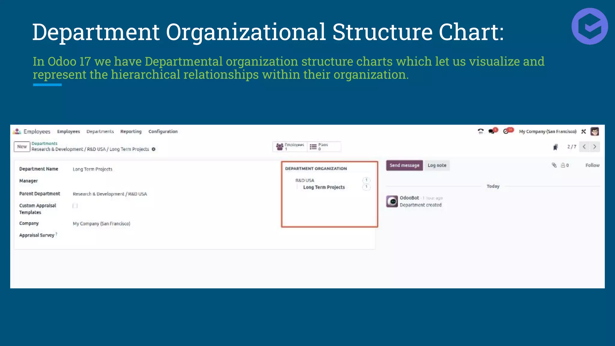 Department Organizational Structure Chart:
In Odoo 17 we have Departmental organization structure charts which let us visualize and
represent the hierarchical relationships within their organization.
 