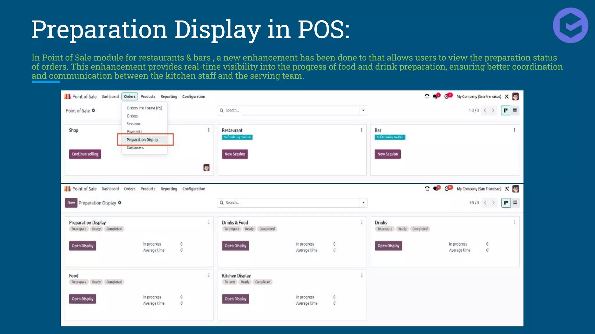 Preparation Display in POS:
In Point of Sale module for restaurants & bars , a new enhancement has been done to that allows users to view the preparation status
of orders. This enhancement provides real-time visibility into the progress of food and drink preparation, ensuring better coordination
and communication between the kitchen staff and the serving team.
 