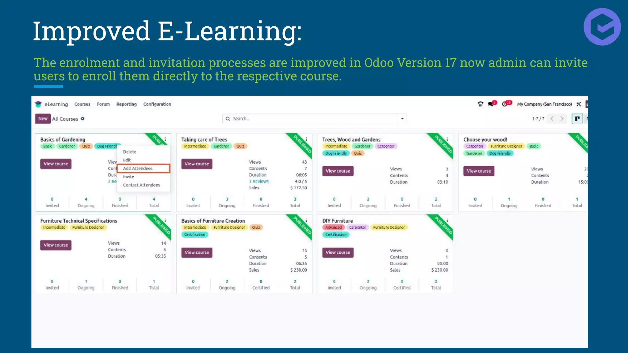 Improved E-Learning:
The enrolment and invitation processes are improved in Odoo Version 17 now admin can invite
users to enroll them directly to the respective course.
 