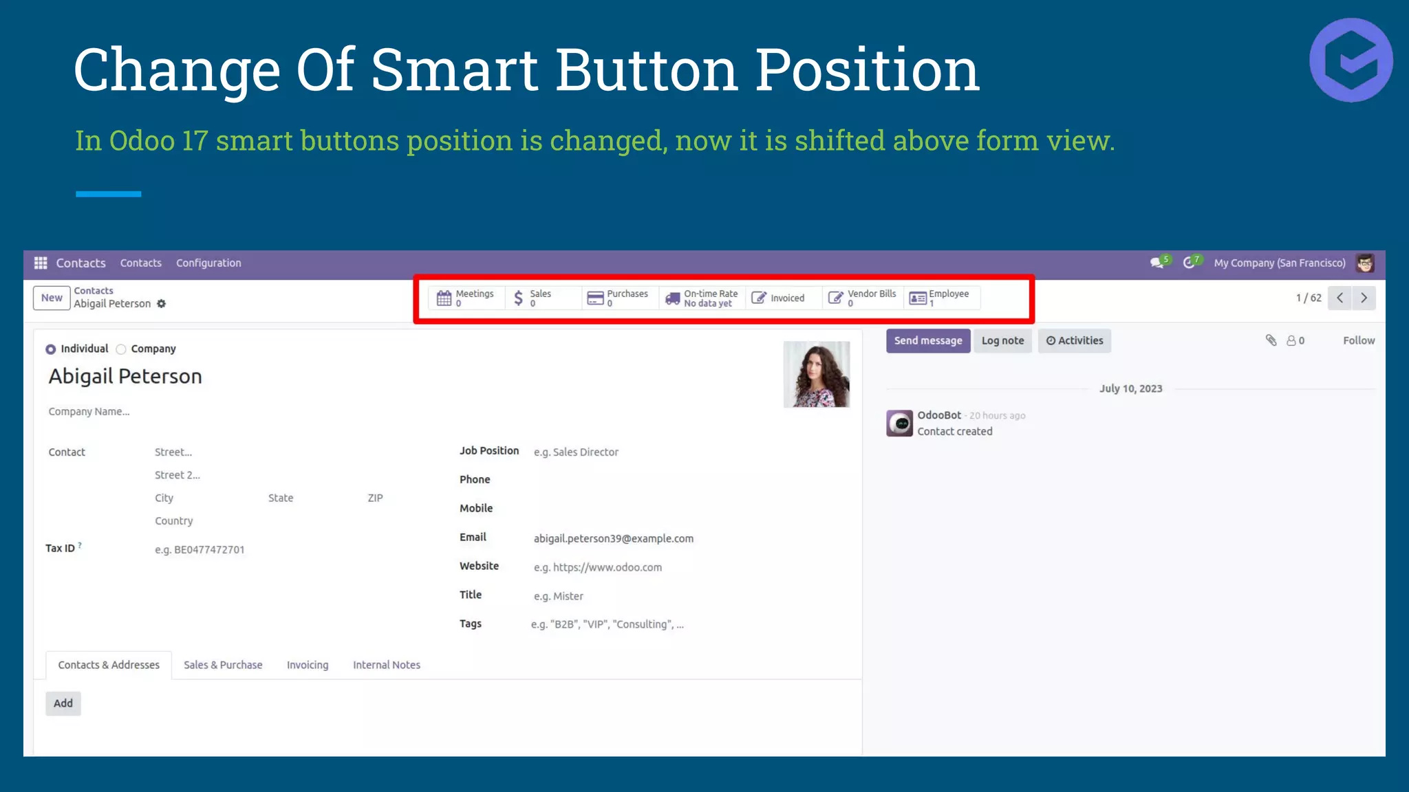 Change Of Smart Button Position
In Odoo 17 smart buttons position is changed, now it is shifted above form view.
 