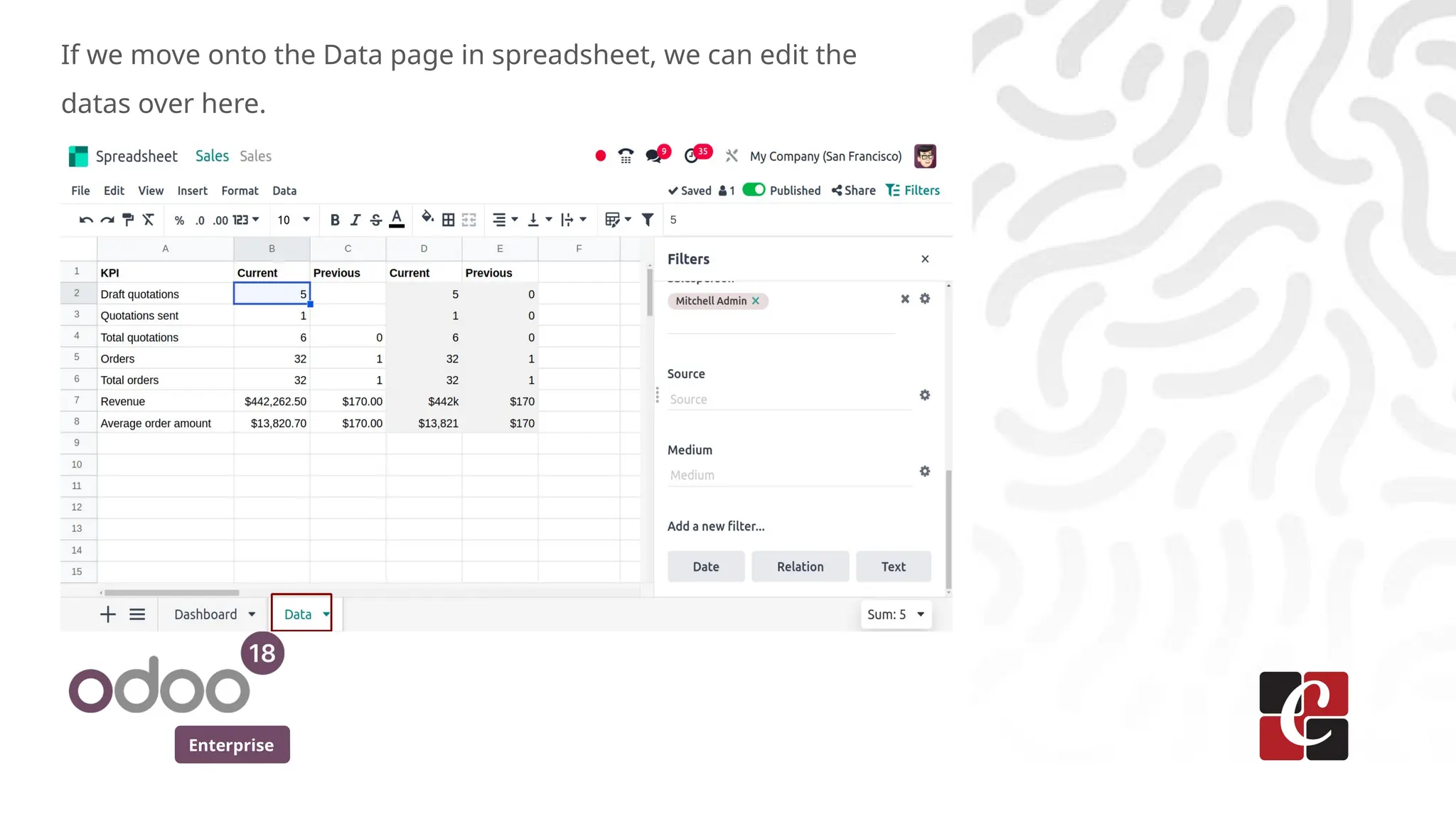 Enterprise
If we move onto the Data page in spreadsheet, we can edit the
datas over here.
 