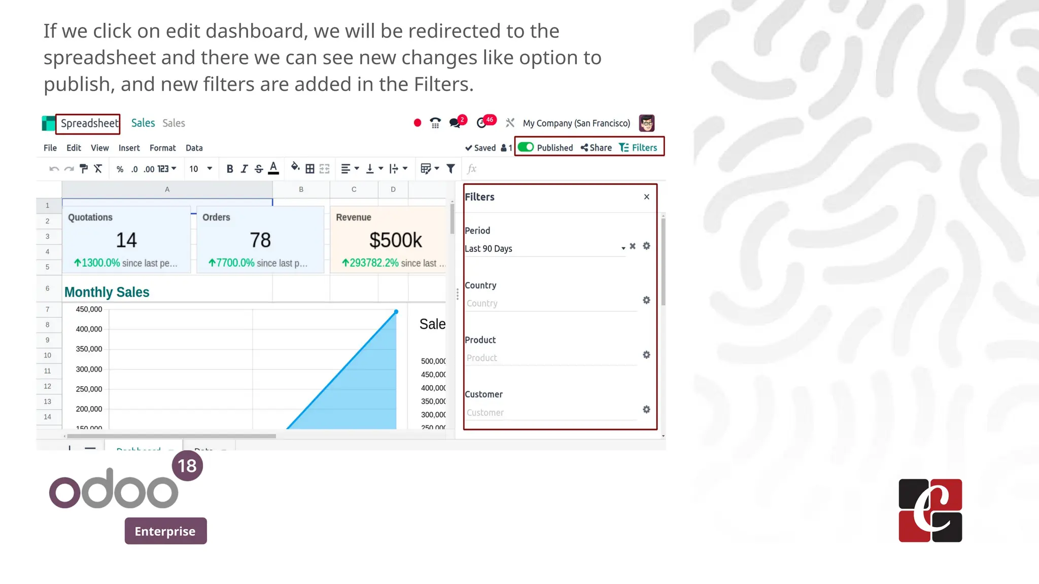Enterprise
If we click on edit dashboard, we will be redirected to the
spreadsheet and there we can see new changes like option to
publish, and new filters are added in the Filters.
 