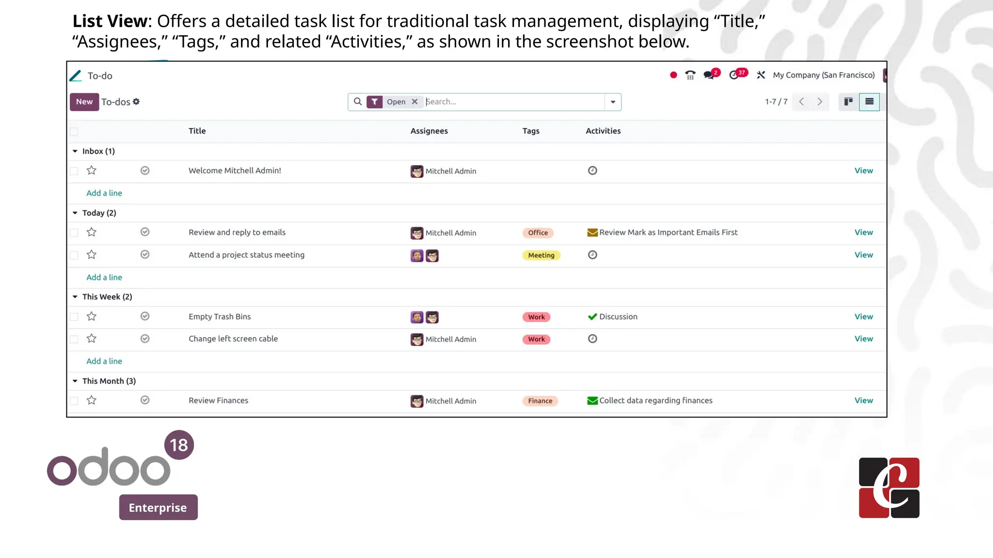 Enterprise
List View: Offers a detailed task list for traditional task management, displaying “Title,”
“Assignees,” “Tags,” and related “Activities,” as shown in the screenshot below.
 