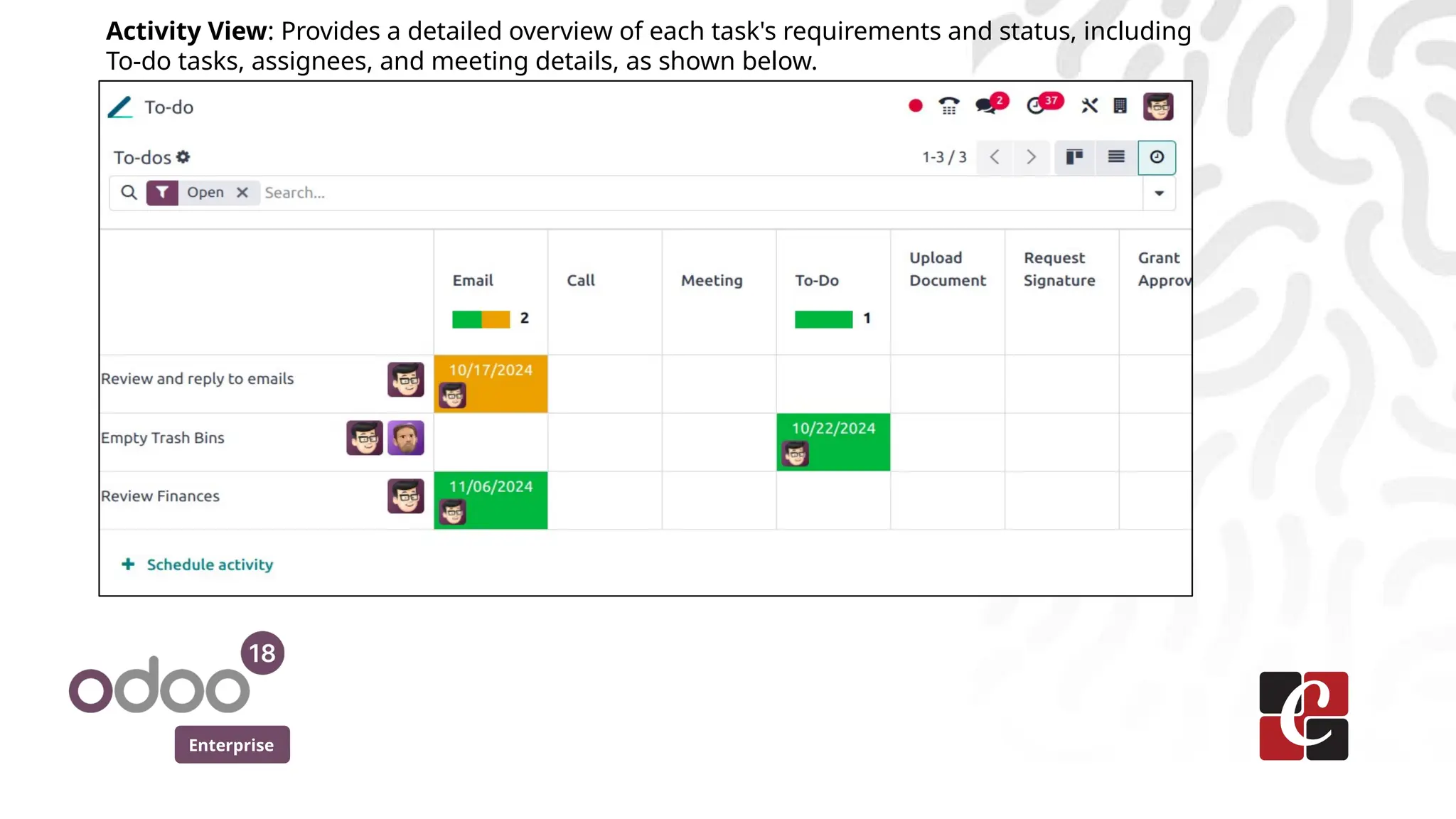 Enterprise
Activity View: Provides a detailed overview of each task's requirements and status, including
To-do tasks, assignees, and meeting details, as shown below.
 