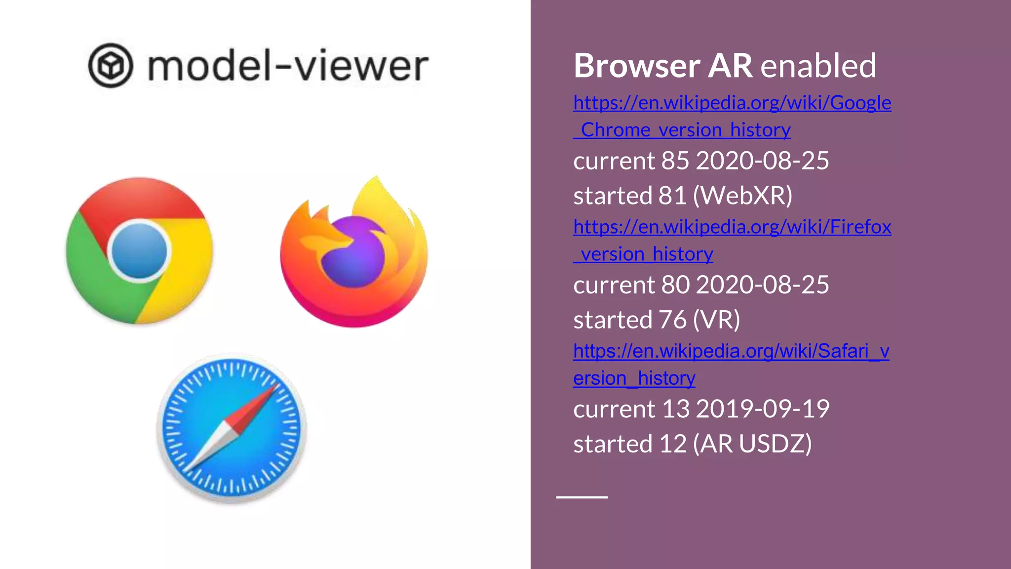 Browser AR enabled
https://en.wikipedia.org/wiki/Google
_Chrome_version_history
current 85 2020-08-25
started 81 (WebXR)
https://en.wikipedia.org/wiki/Firefox
_version_history
current 80 2020-08-25
started 76 (VR)
https://en.wikipedia.org/wiki/Safari_v
ersion_history
current 13 2019-09-19
started 12 (AR USDZ)
 