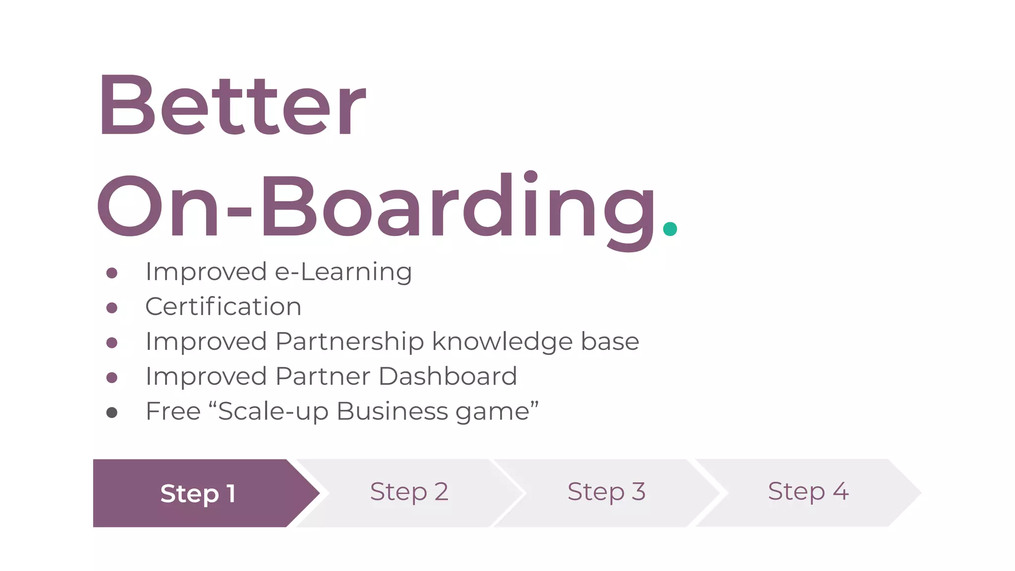 Better
On-Boarding.
● Improved e-Learning
● Certiﬁcation
● Improved Partnership knowledge base
● Improved Partner Dashboard
● Free “Scale-up Business game”
Step 1 Step 2 Step 3 Step 4
 