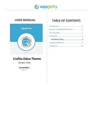 USER MANUAL
Crafito Odoo Theme
Version: 1.0.6
Compatibility:
Odoo 9.x
TABLE OF CONTENTS
Introduction....................................................1
Benefits of Crafito Odoo Theme.....................1
Pre-requisites .................................................1
Installation......................................................2
Installation Steps ........................................2
Plugin Configuration.......................................4
Contact Us ....................................................48
 