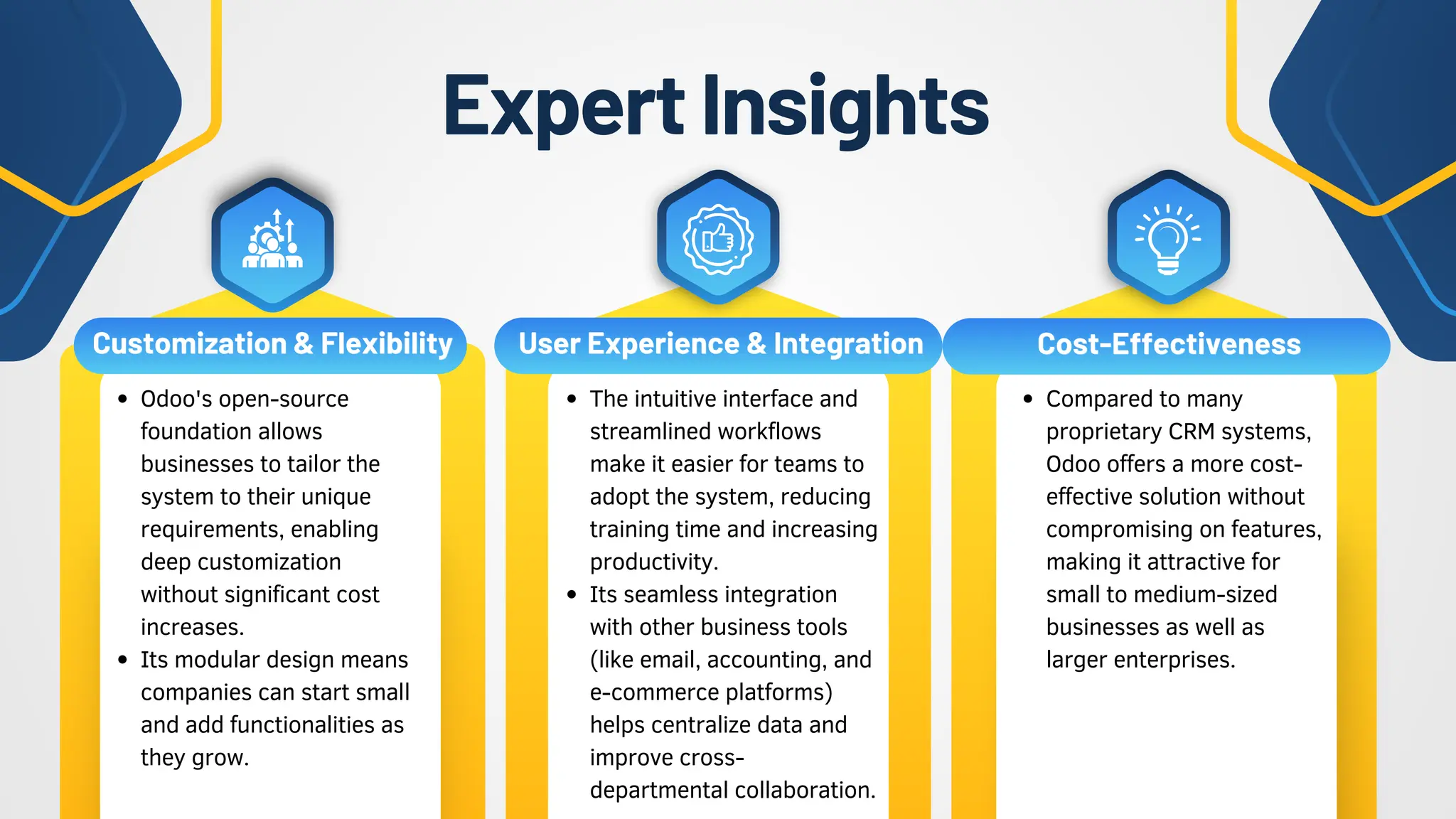 ExpertInsights
Odoo's open-source
foundation allows
businesses to tailor the
system to their unique
requirements, enabling
deep customization
without significant cost
increases.
Its modular design means
companies can start small
and add functionalities as
they grow.
The intuitive interface and
streamlined workflows
make it easier for teams to
adopt the system, reducing
training time and increasing
productivity.
Its seamless integration
with other business tools
(like email, accounting, and
e-commerce platforms)
helps centralize data and
improve cross-
departmental collaboration.
Compared to many
proprietary CRM systems,
Odoo offers a more cost-
effective solution without
compromising on features,
making it attractive for
small to medium-sized
businesses as well as
larger enterprises.
Customization & Flexibility
Customization & Flexibility User Experience & Integration
User Experience & Integration Cost-Effectiveness
Cost-Effectiveness
 