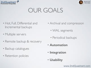 OUR GOALS
• Hot, Full, Differential and
Incremental backups	

• Multiple servers	

• Remote backup & recovery	

• Backup catalogues	

• Retention policies	

• Archival and compression	

• WAL segments	

• Periodical backups	

• Automation
• Integration
• Usability
 