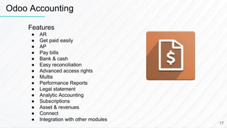 Features
● AR
● Get paid easily
● AP
● Pay bills
● Bank & cash
● Easy reconciliation
● Advanced access rights
● Multis
● Performance Reports
● Legal statement
● Analytic Accounting
● Subscriptions
● Asset & revenues
● Connect
● Integration with other modules
Odoo Accounting
17
 