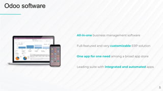 Odoo software
All-in-one business management software
Full-featured and very customizable ERP solution
One app for one need among a broad app store
Leading suite with integrated and automated apps
5
 